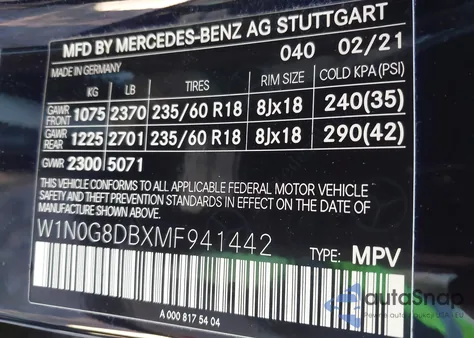 2021 Mercedes-Benz Glc 300 Suv из США, поврежденный, VIN W1N0G8DBXMF941442
